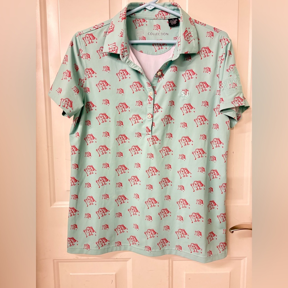 women’s Swing Juice Golf polo teal Sz L Tacos fun